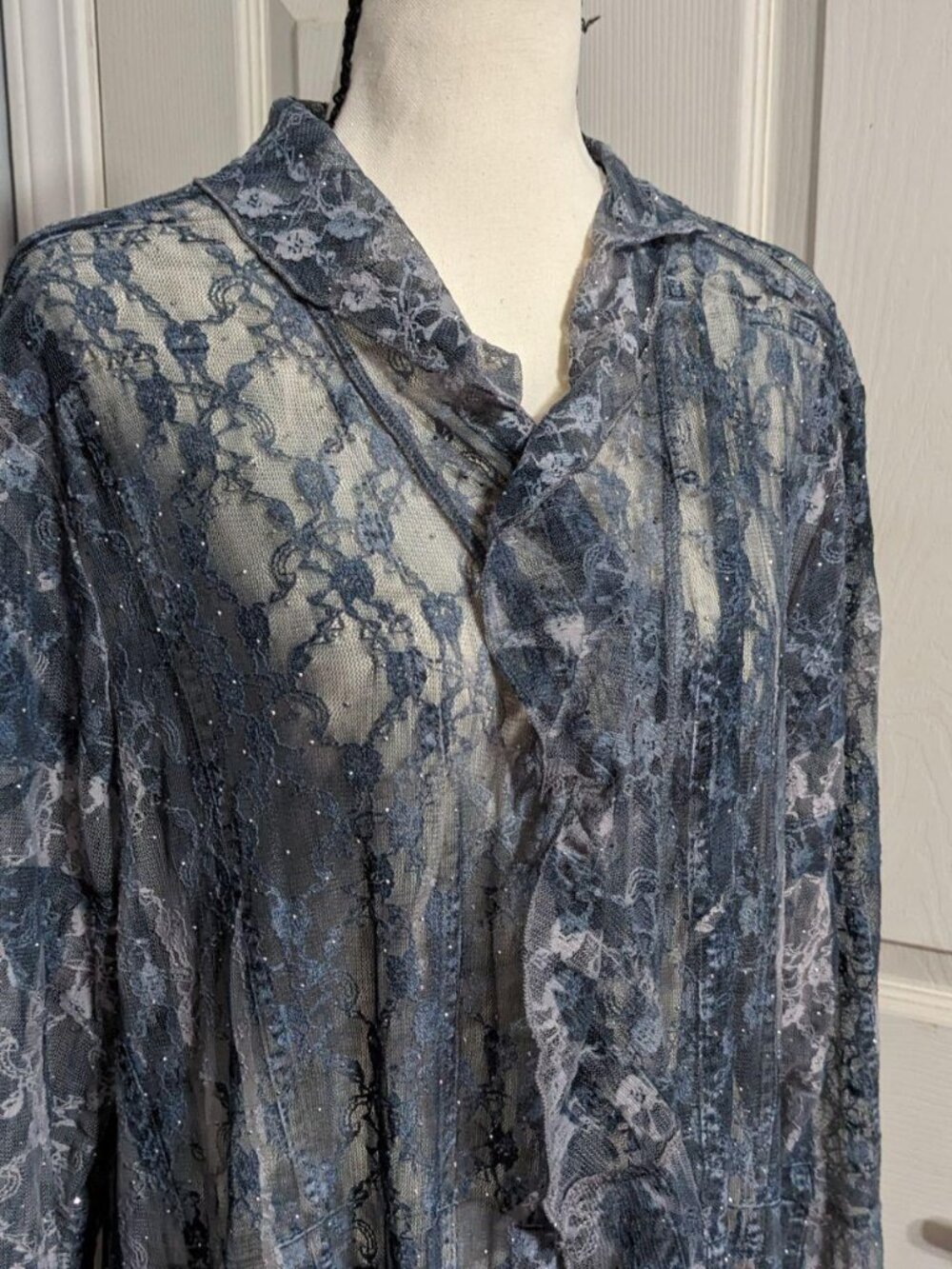 Origami Sheer Floral Lace Ruffle Duster Cardigan Slate Blue XXL Whimsigoth - Picture 5 of 6